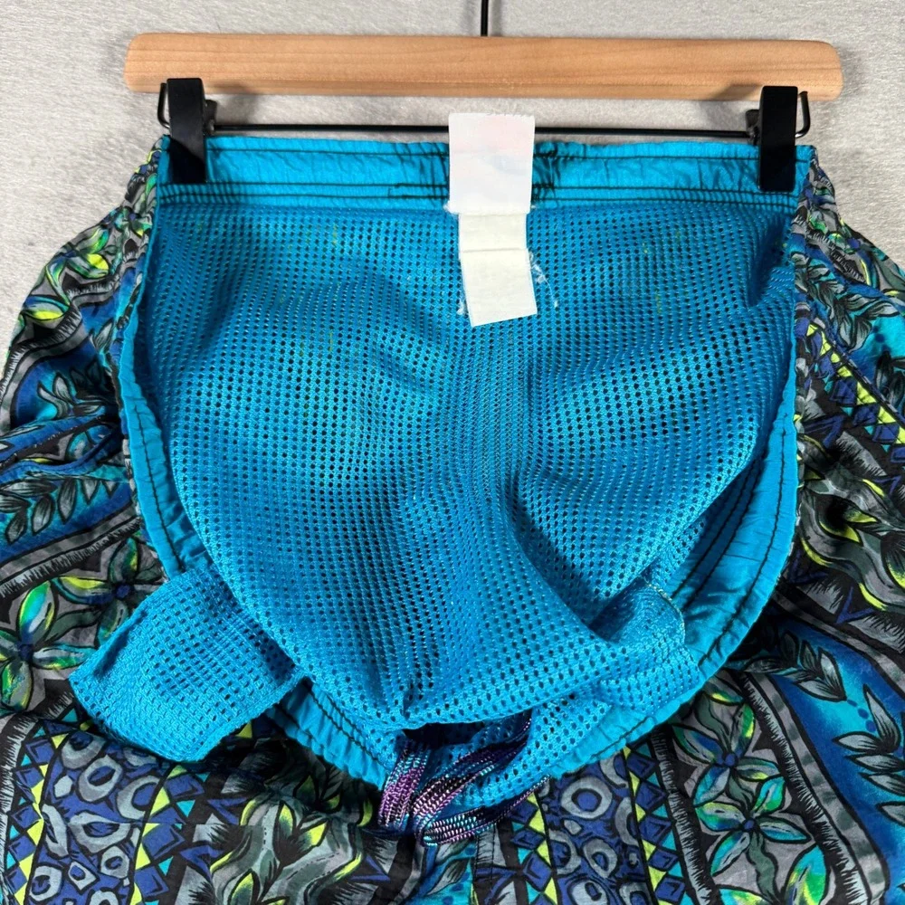 Speedo Mens Vintage Tribal Geometric Print Swim Trunks Blue Teal XL 90's